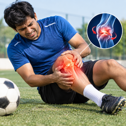 Athlete holding their knee in pain after a twisting injury, illustrating ACL tear symptoms