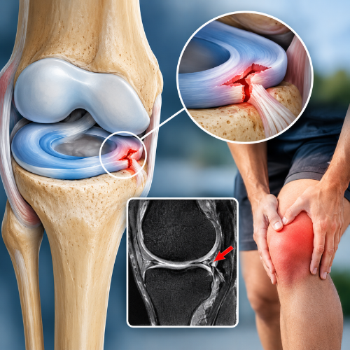 Person holding their knee in pain while squatting, illustrating meniscal root tear symptoms